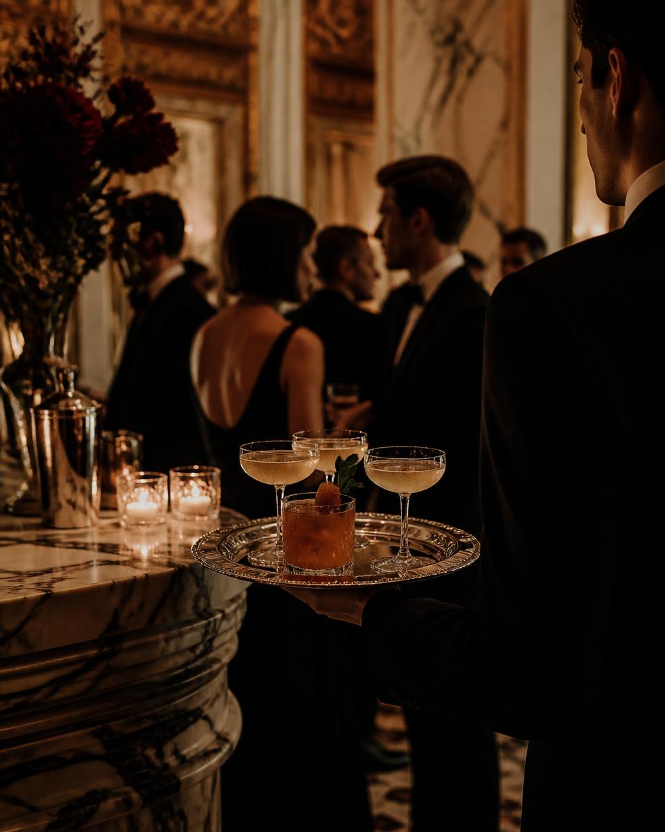 Service de cocktails signature lors d’une réception élégante