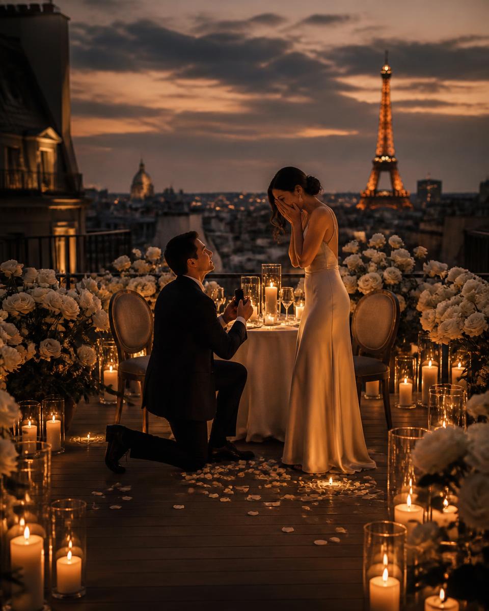 Demande en mariage romantique sur un rooftop parisien