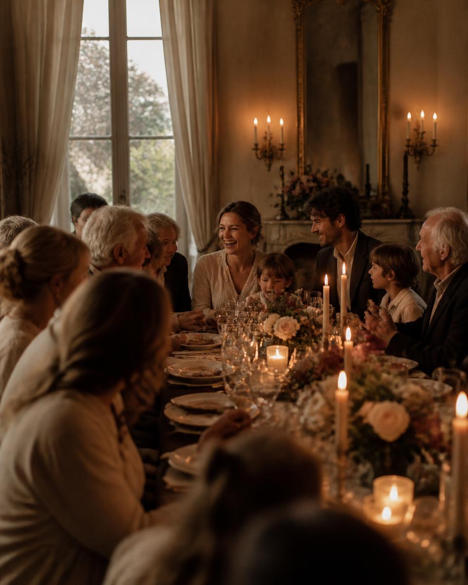Célébration familiale chaleureuse autour d’une grande table