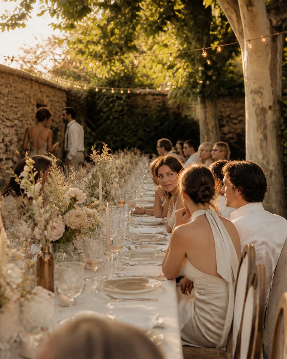 Garden-party dressée dans un jardin clos au coucher du soleil