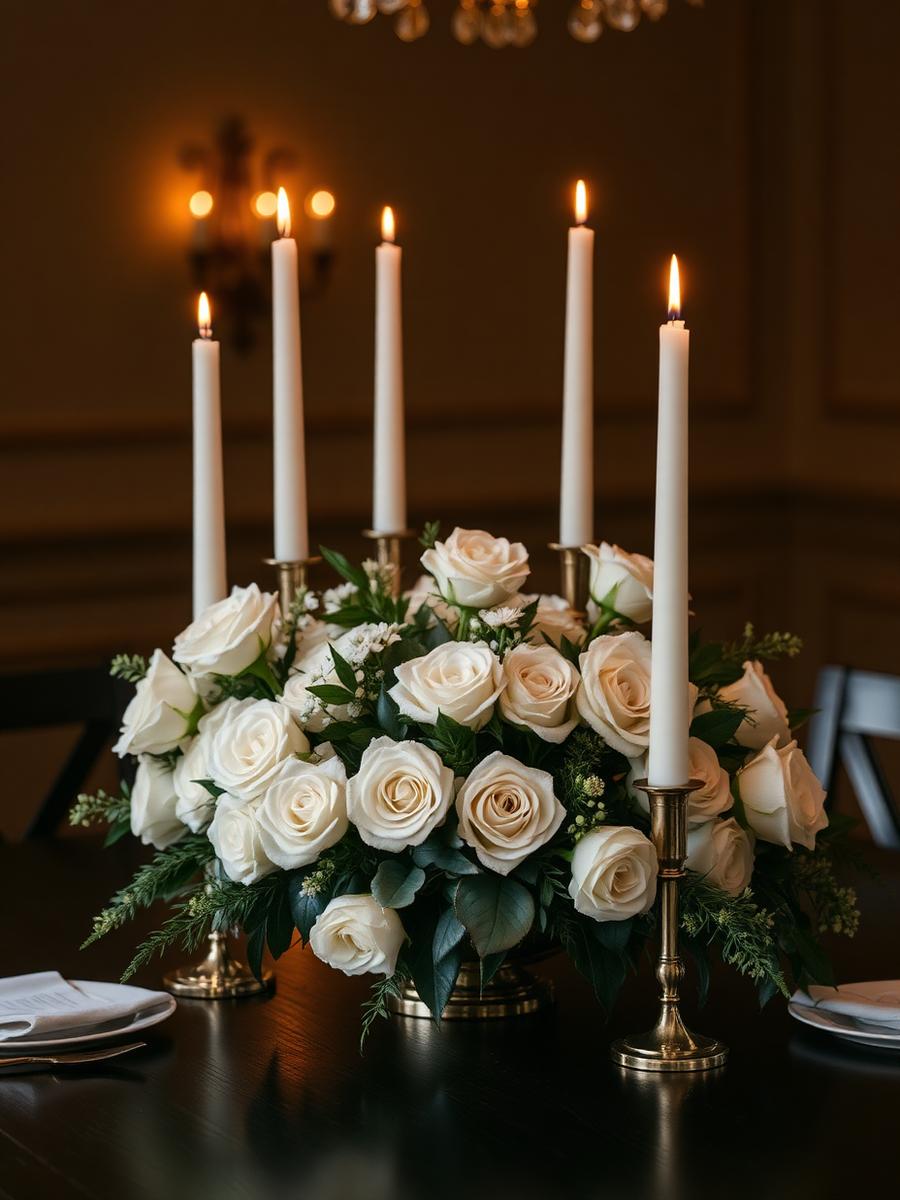 Composition florale et bougies sur une table dressée