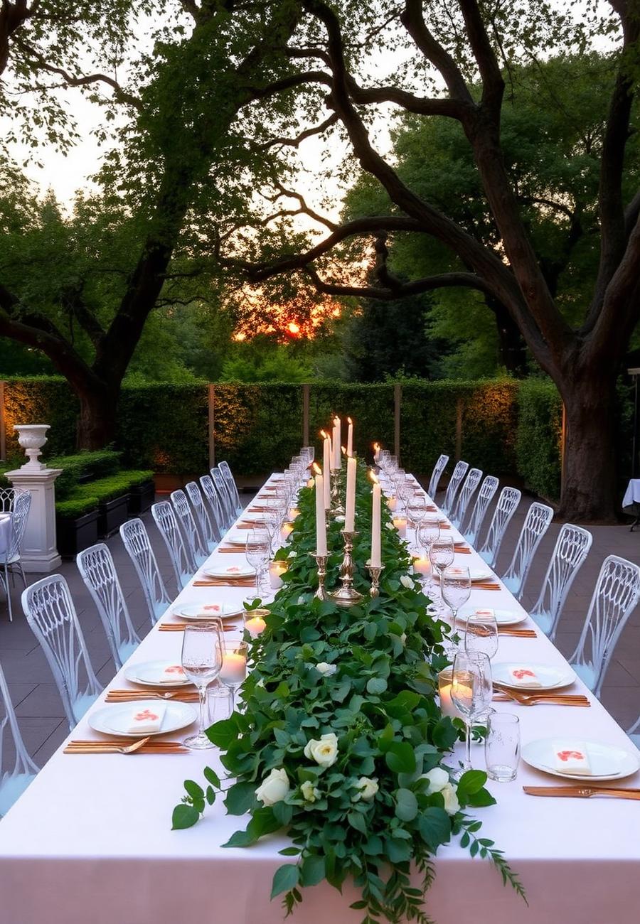 Garden-party dressée au coucher du soleil