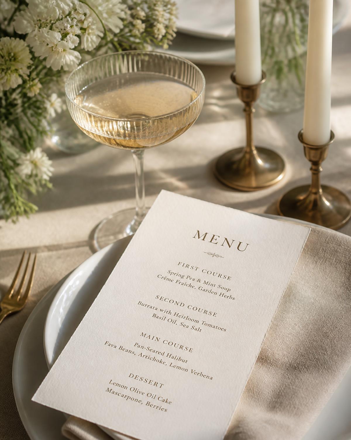Détail d’une table dressée : menu ivoire, coupe de champagne et bougies