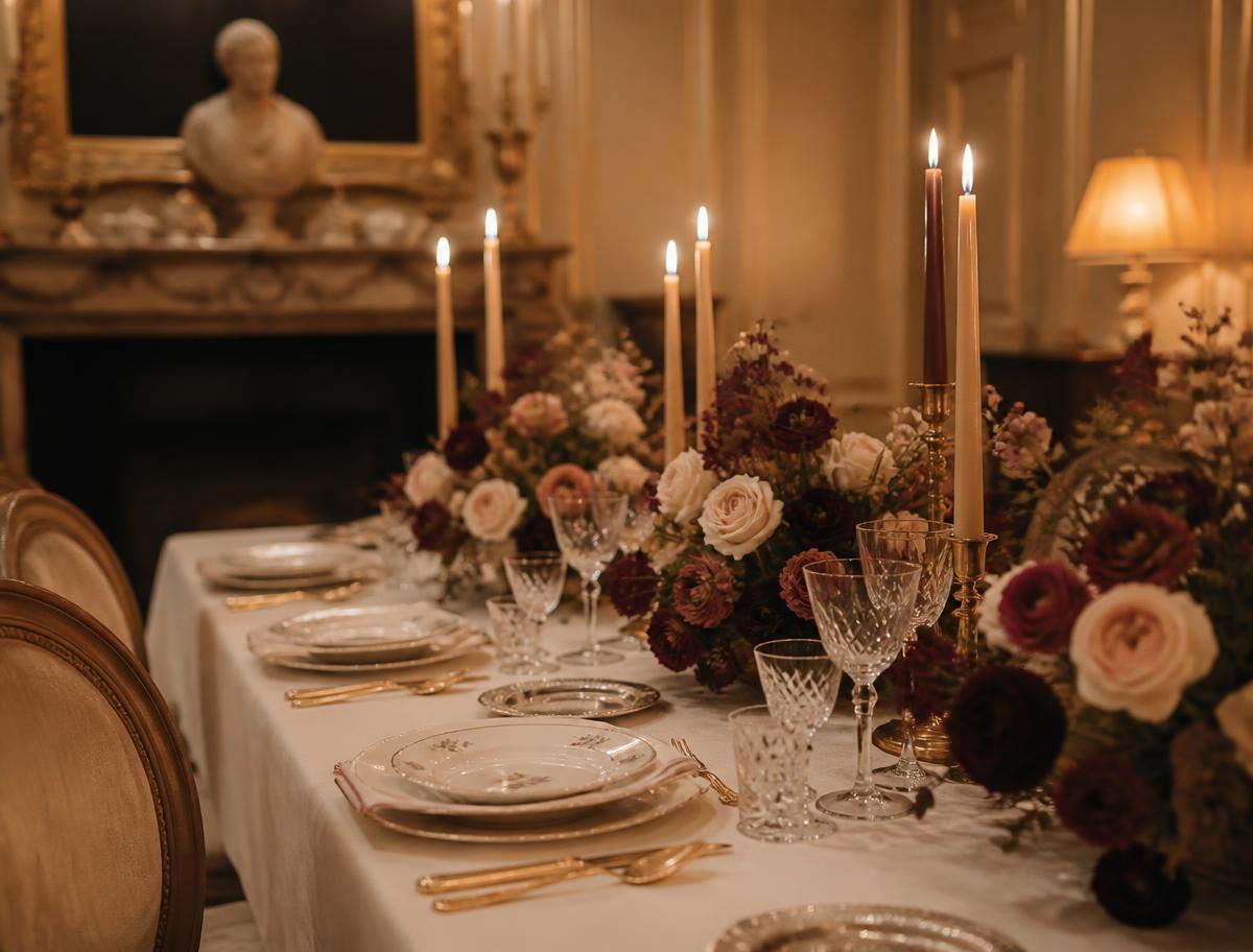 Table dressée avec fleurs, bougies et art de la table raffiné