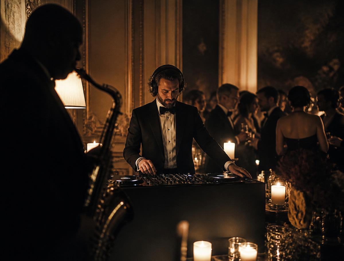 DJ élégant et saxophoniste lors d’une soirée privée parisienne