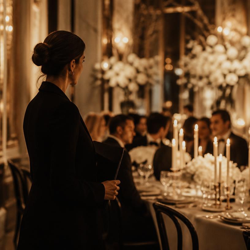 Coordinatrice supervisant discrètement un dîner aux chandelles