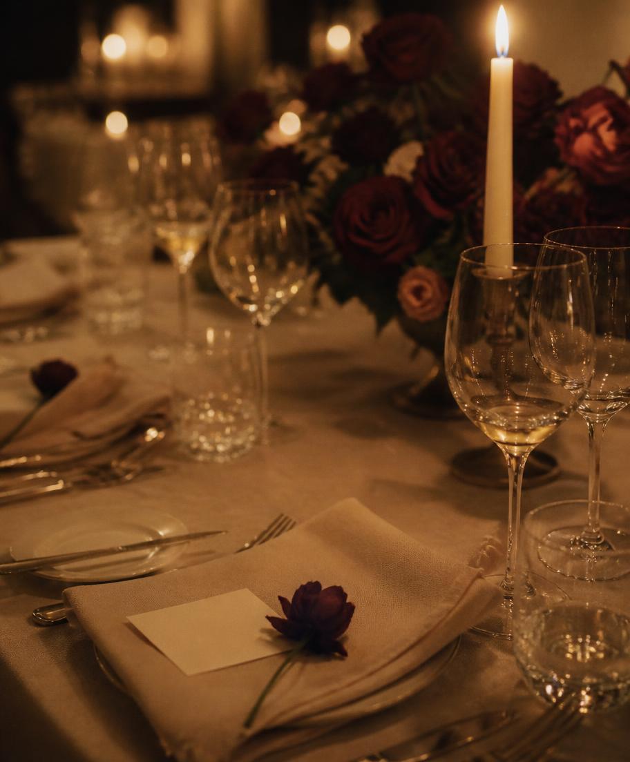 Détail feutré d’une table dressée lors d’un dîner privé Memento